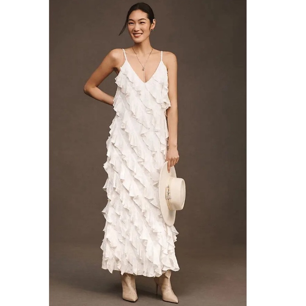 Anthropologie BHLDN Jia Bias-Cut Ruffle V-Neck Maxi Dress Wedding Bridal Boho 2